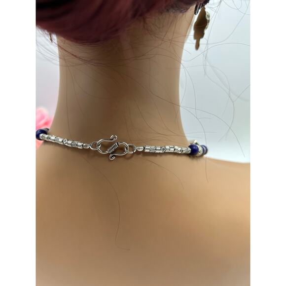 Blue Lapis Tibetan Silver Necklace Bracelet Earrings Set Boho Ethnic Jewelry - Picture 4 of 8